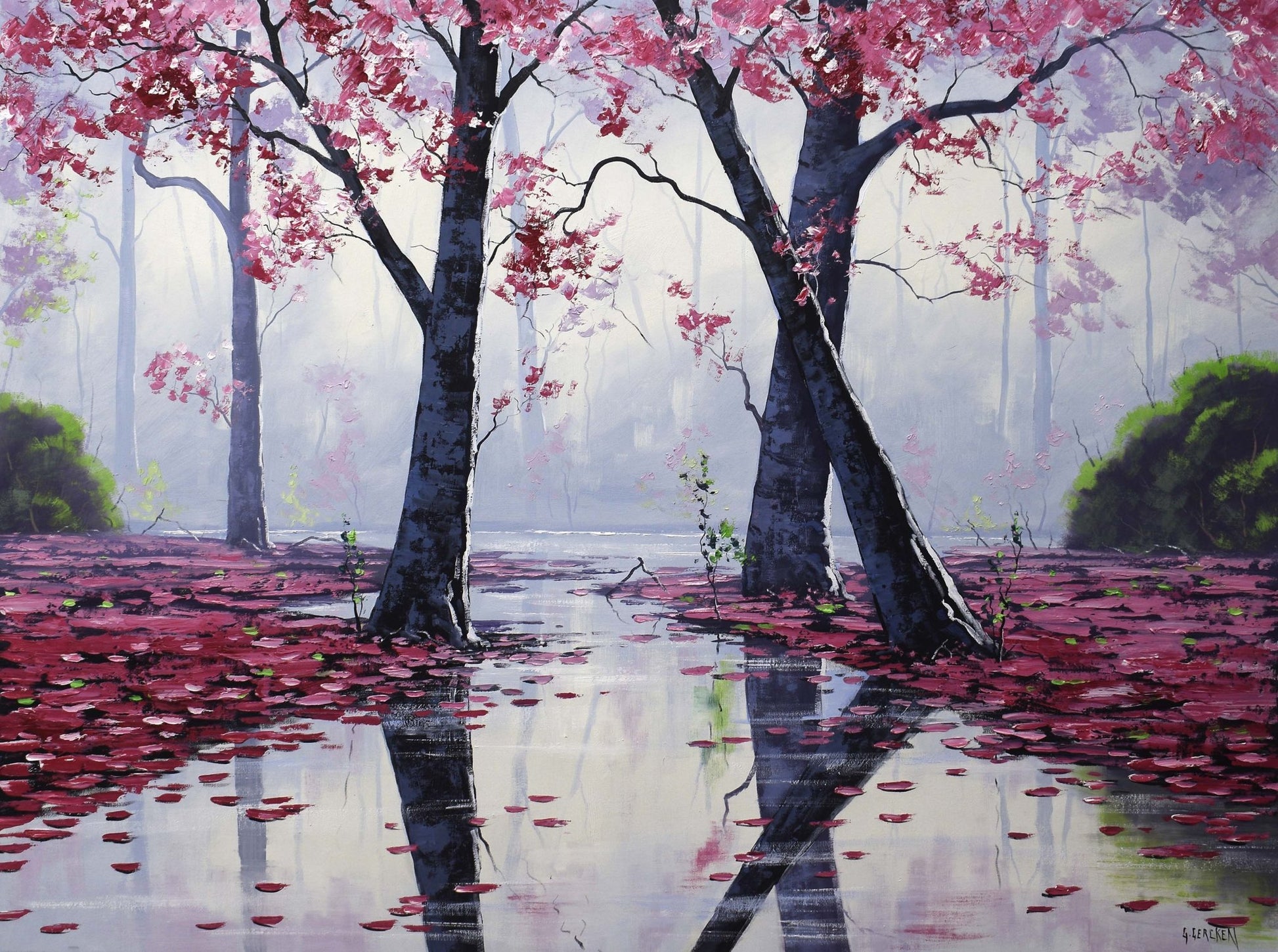 Painting of cherry blossom trees with pink flowers and red leaves on a misty forest floor.