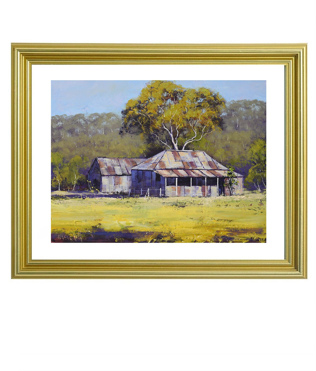 Framed painting of a rustic building in a field with trees