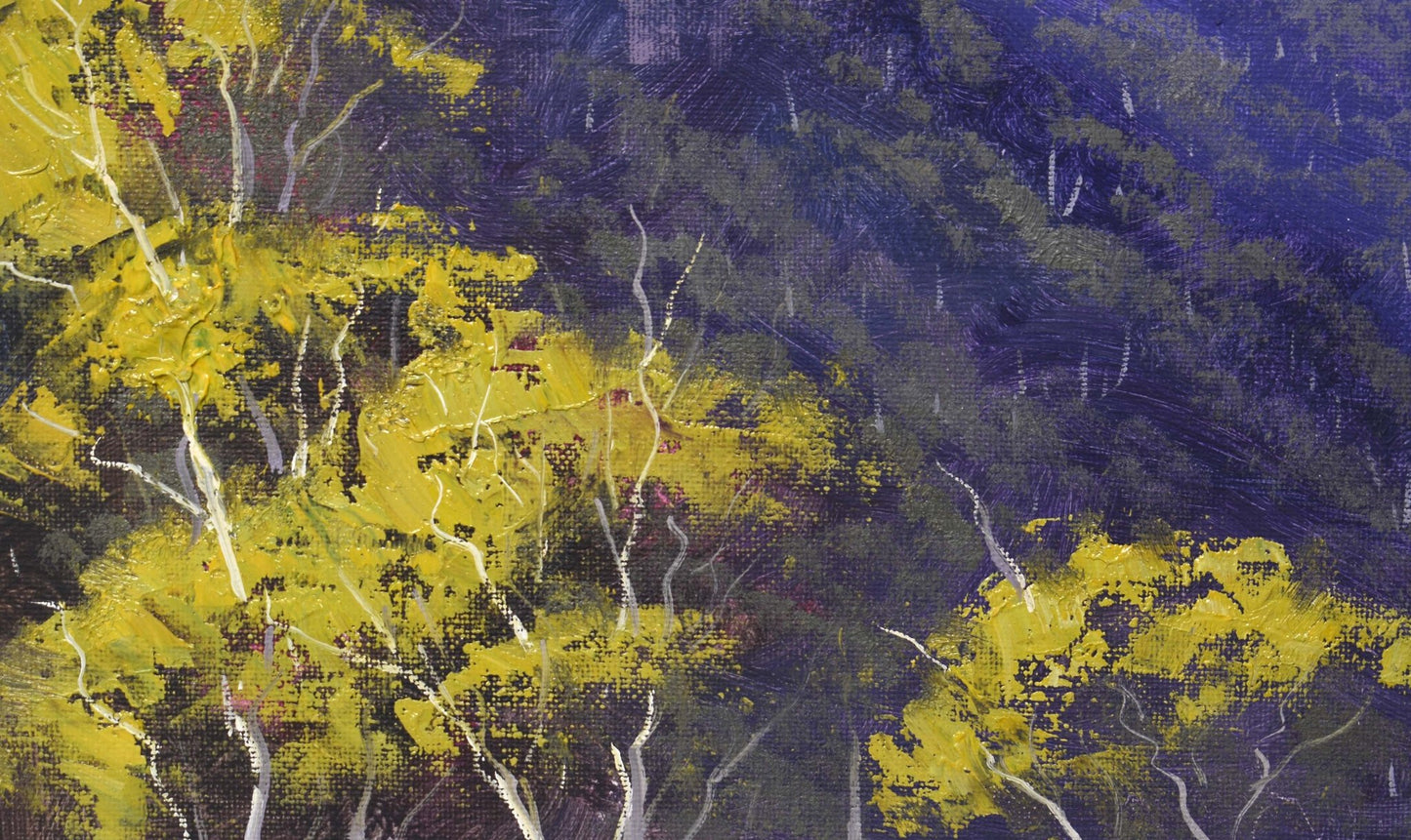 Artistic depiction of trees with a focus on yellow and green colors.