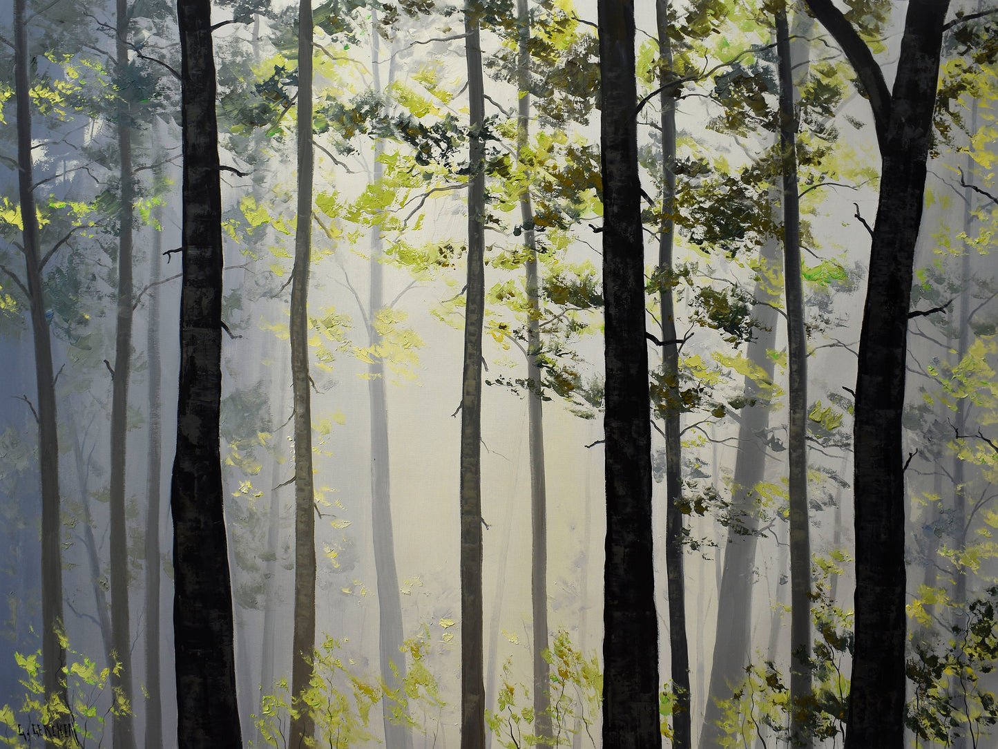 Sunlit Misty Forest – Large Original Woodland Oil Painting (30 x 40")