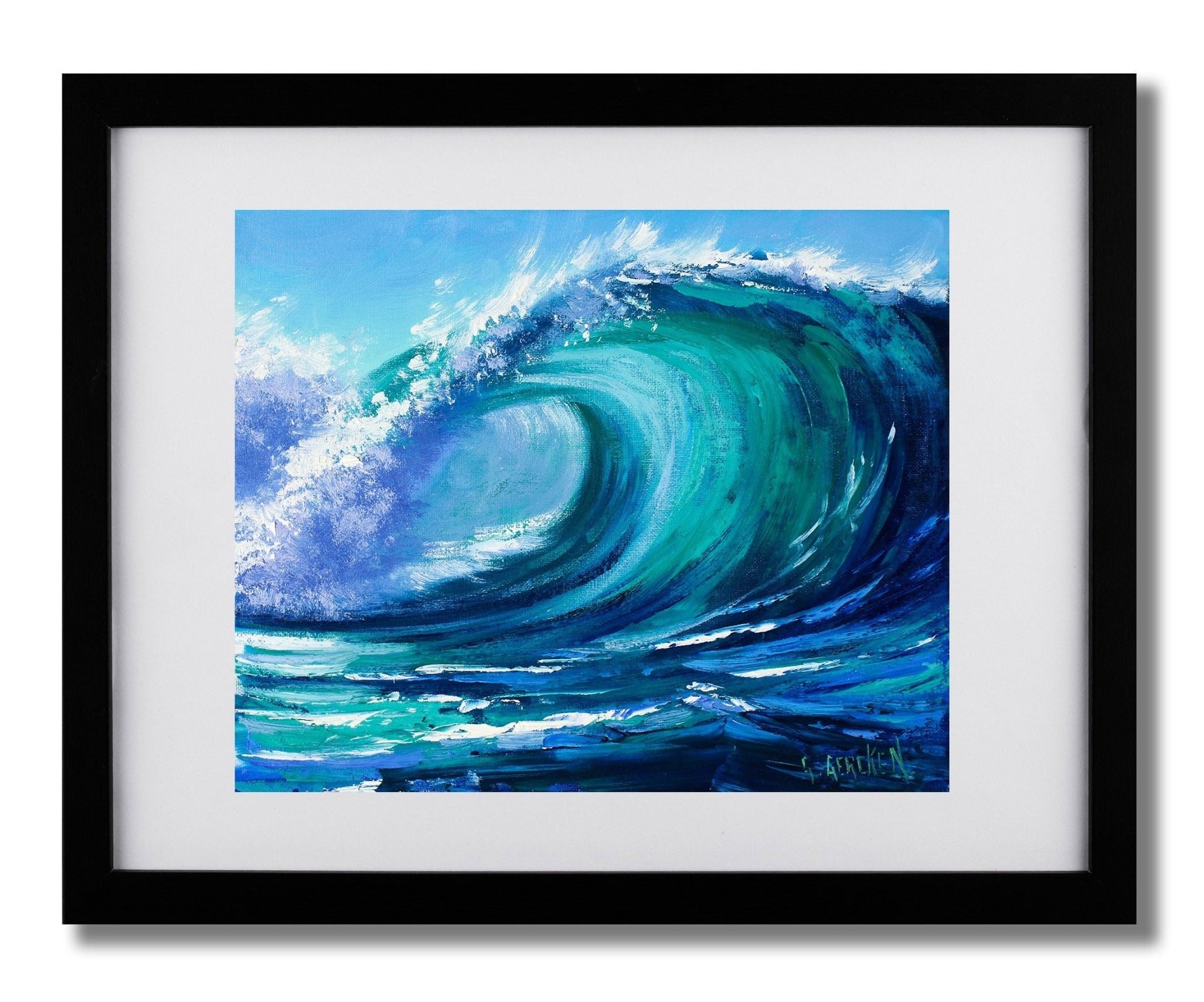 Framed artwork of a blue ocean wave with white foam.