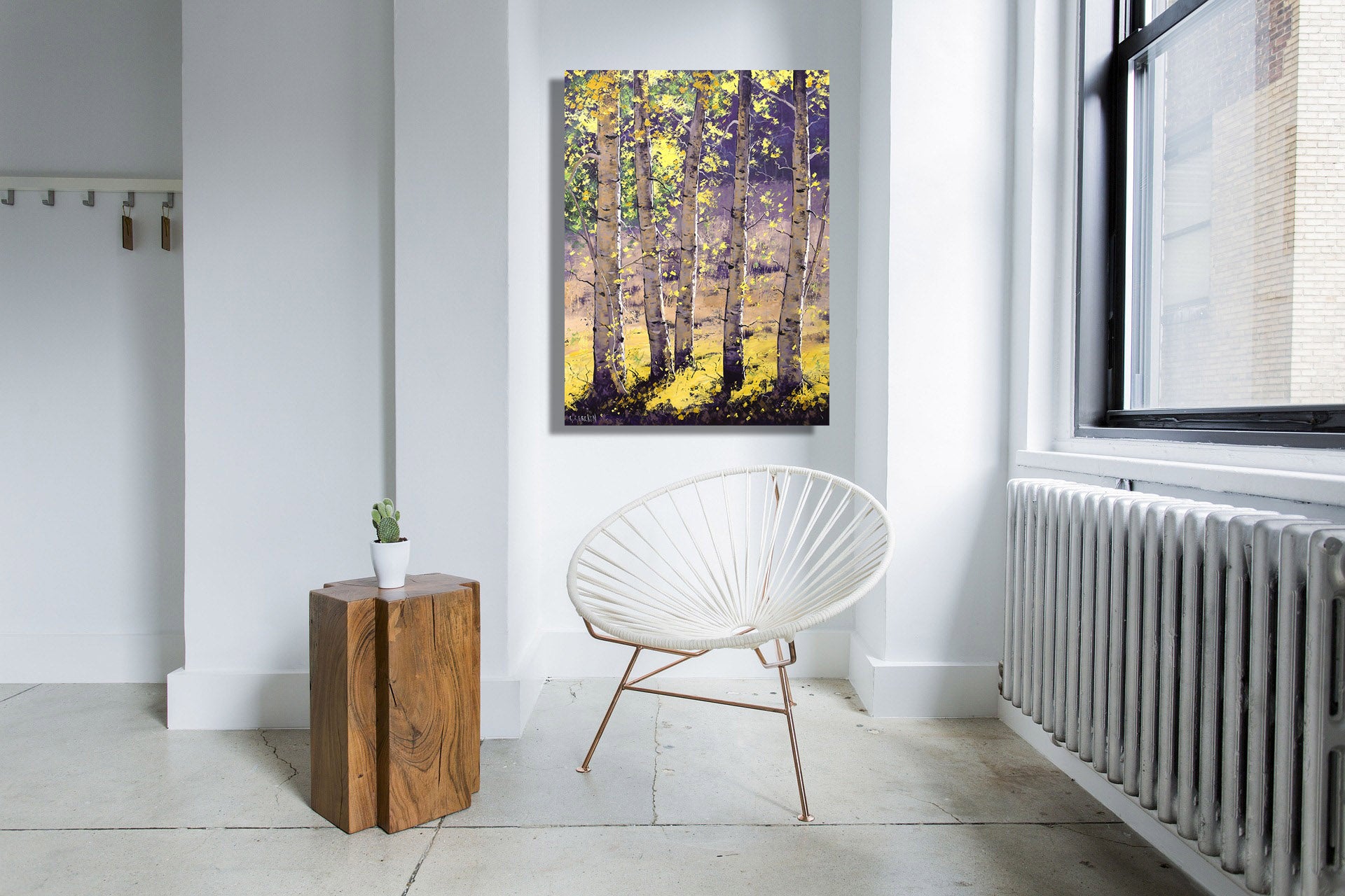 Autumn trees with golden leaves beside a country track, oil on canvas