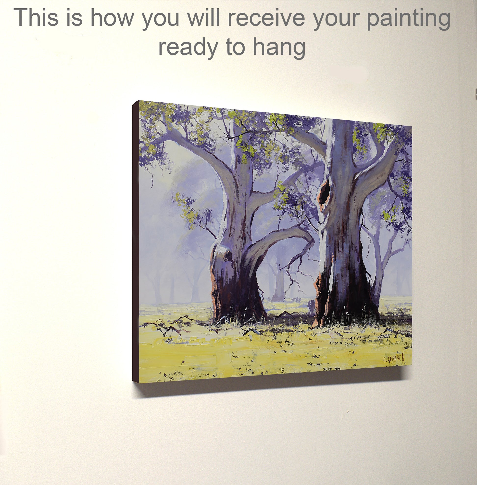 Canvas print of a nature scene with trees and a clear sky, ready to hang.