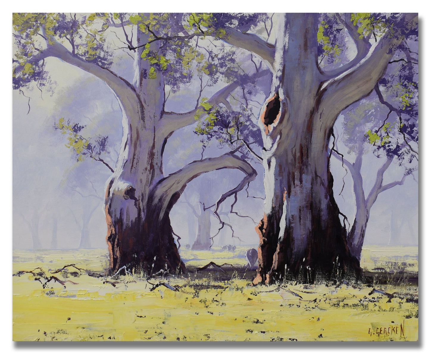 Artistic depiction of large trees with a purple sky and yellow ground.