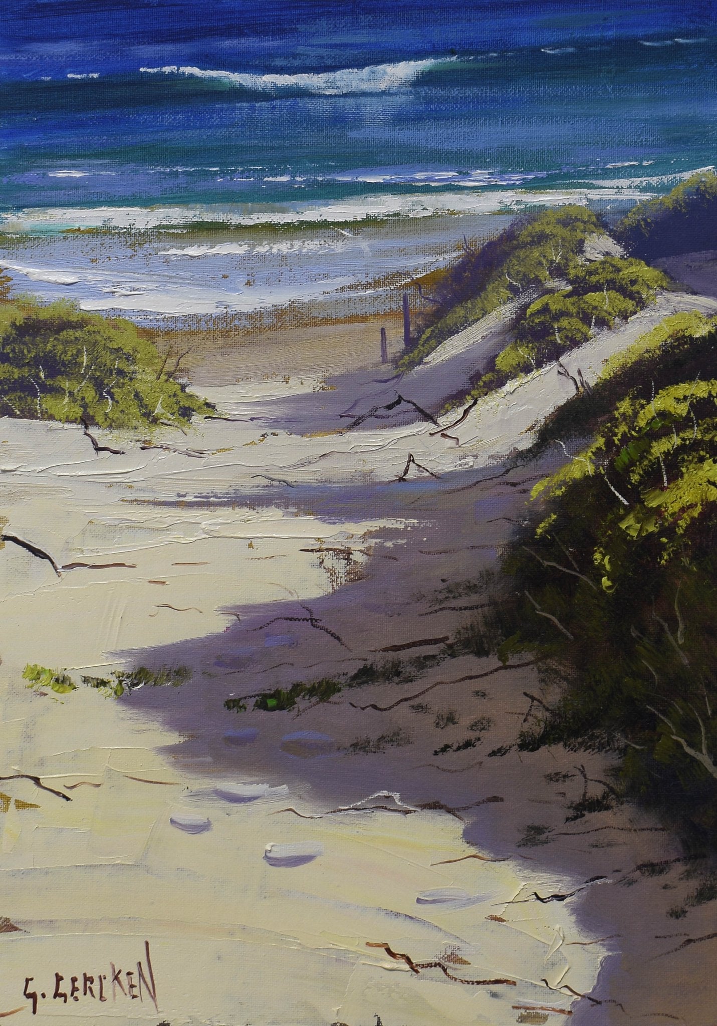 Painting of a beach scene with waves and trees