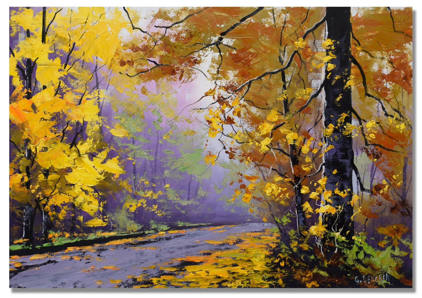 Painting of autumn trees with yellow leaves and a path