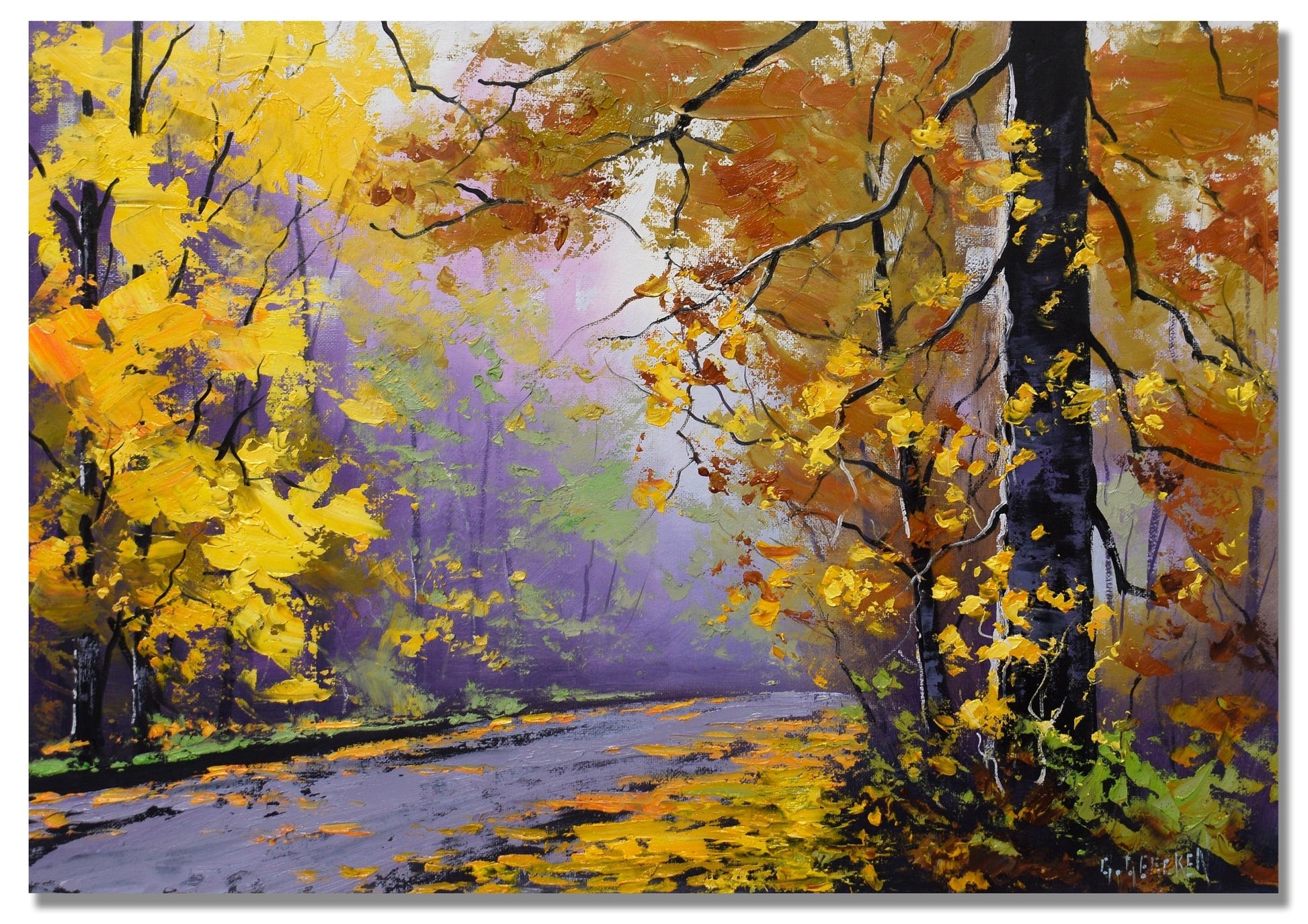 Painting of autumn trees with yellow leaves and a path