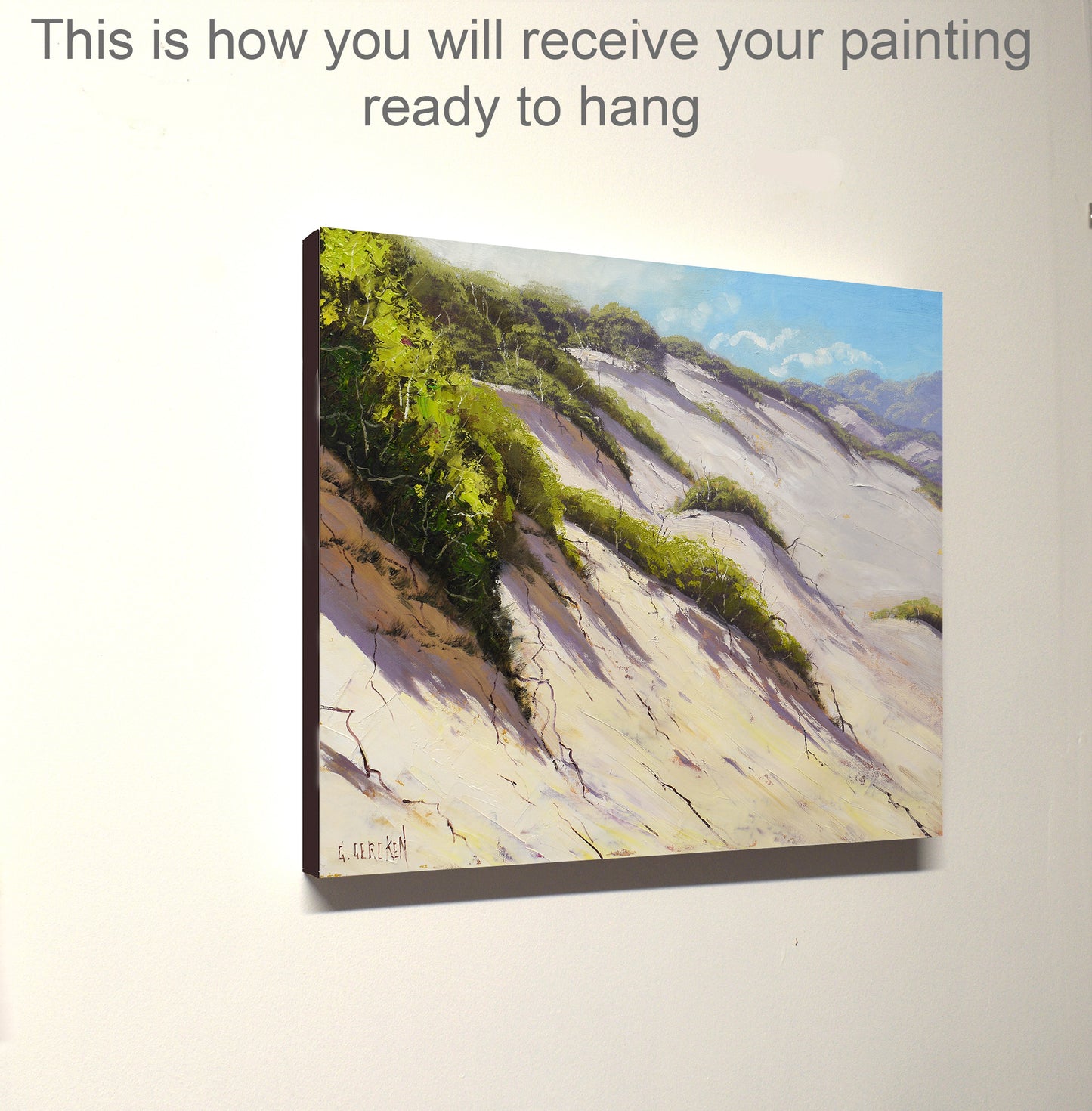 Painting of a landscape with greenery and mountains on a white background