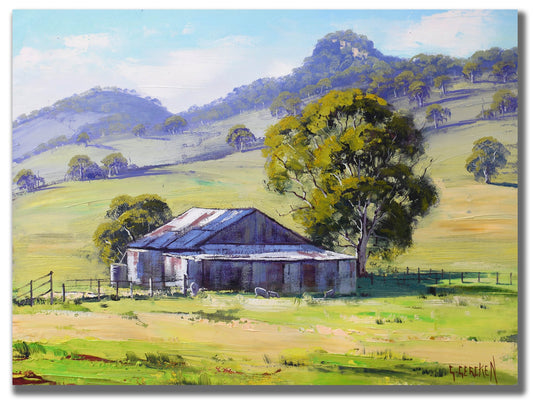 Mudgee Farm Shed Oil Painting – Australian Rural Landscape Art
