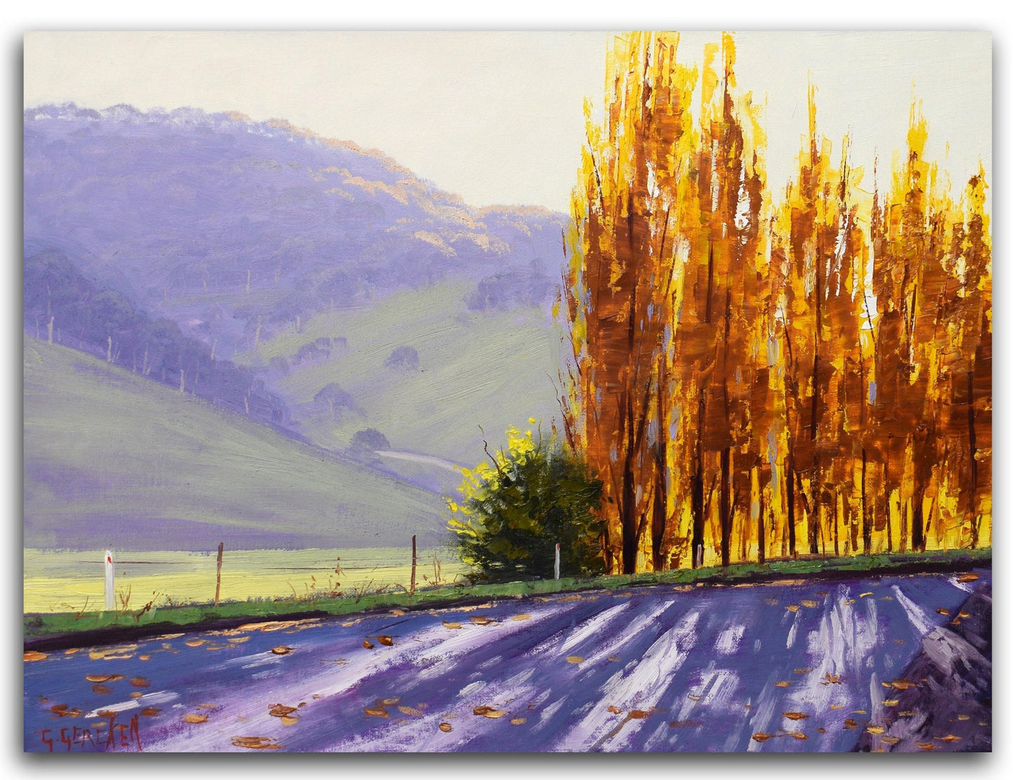 Painting of a landscape with trees, fields, and mountains.