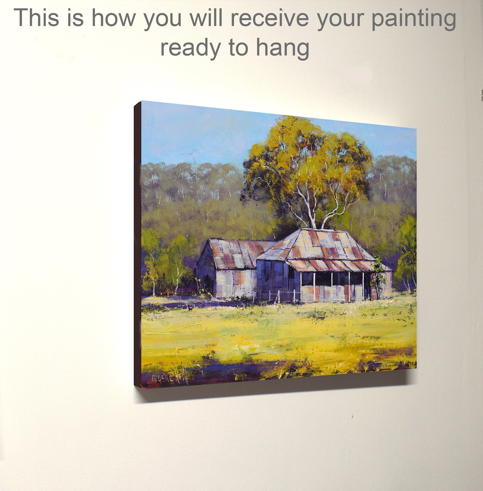 Painting of a rustic house with a tree on a white wall