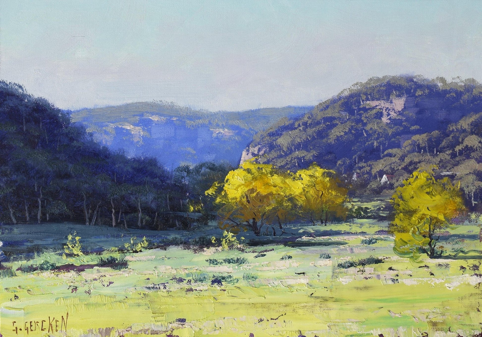 Landscape painting of a valley with trees and mountains