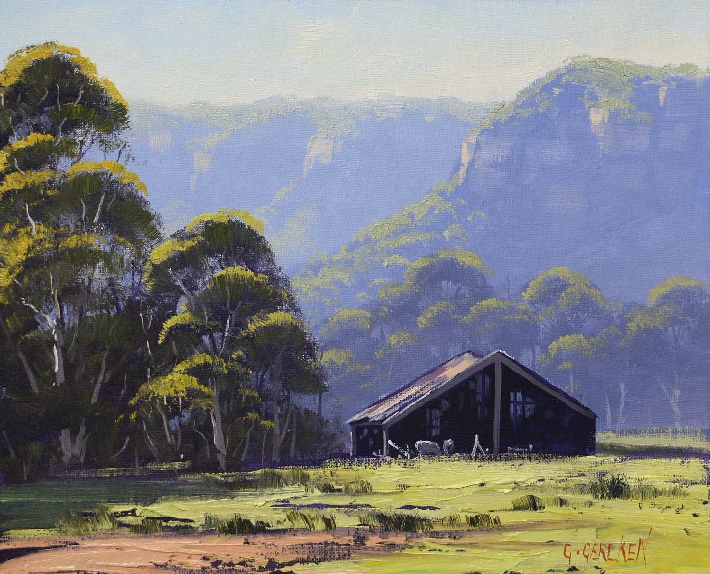 Painting of a cabin in a mountainous landscape with trees and open fields.