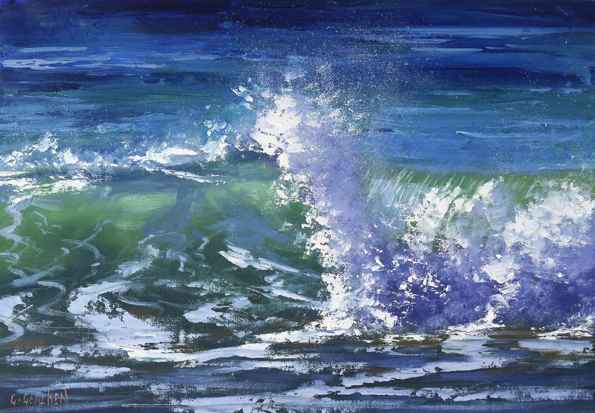 Oil painting of a wave crashing in the ocean with visible brushstrokes.