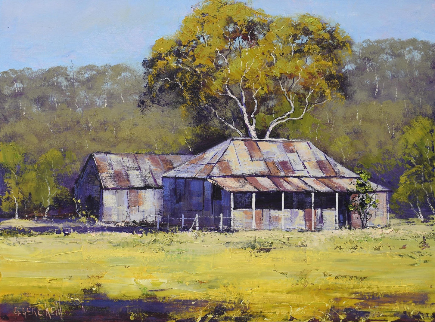 Painting of a rustic house with a tin roof in a rural setting with trees and open field.
