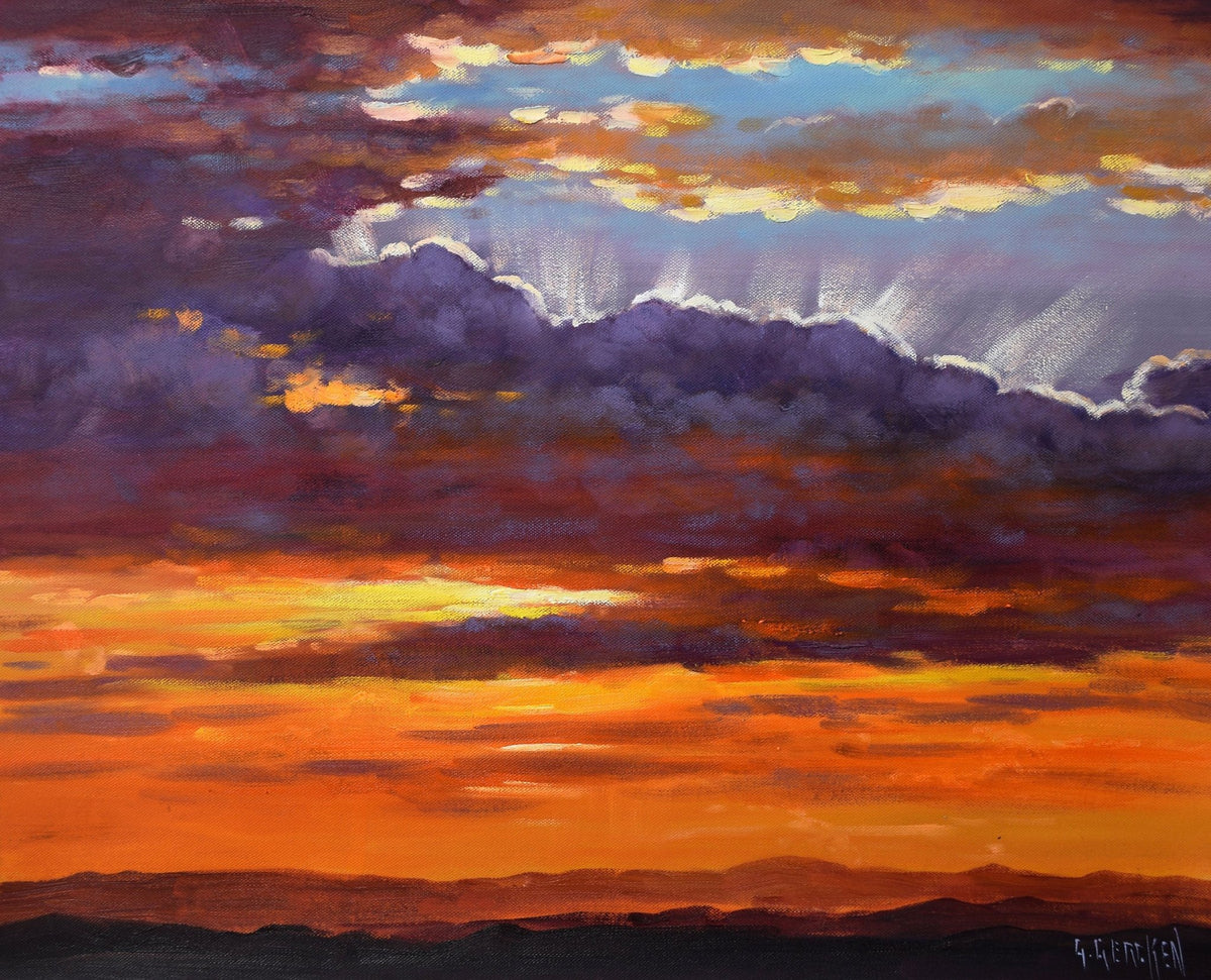 Sunset Sky Rays over Distant Hills – Original Oil Painting by Graham Gercken (16 x 20")