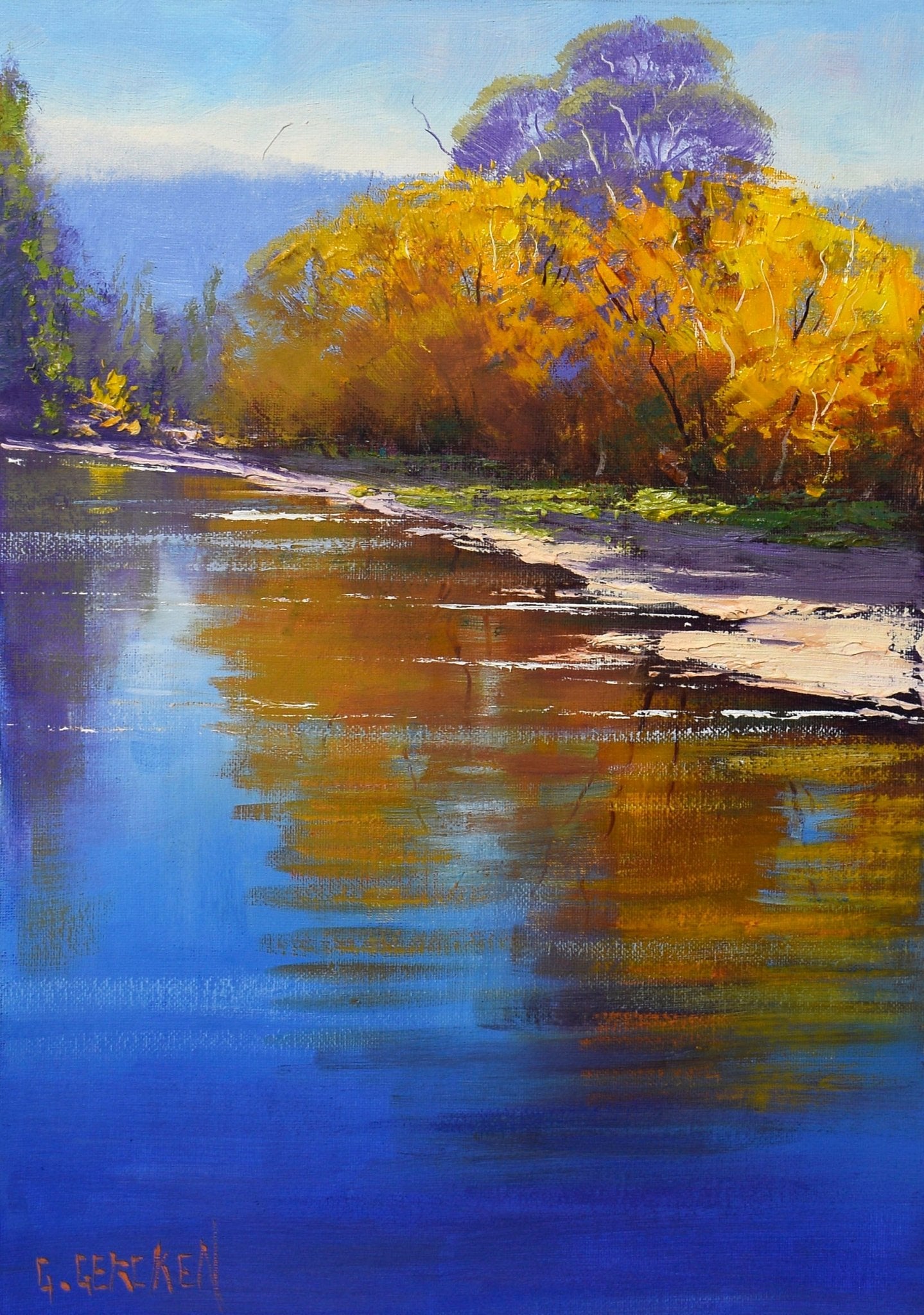 Painting of a serene landscape with trees reflecting in water