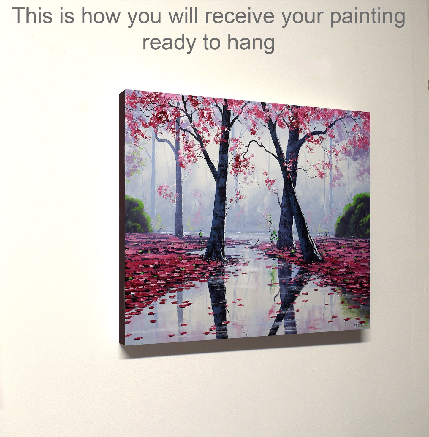 Painting of a serene landscape with trees and pink leaves on a light background