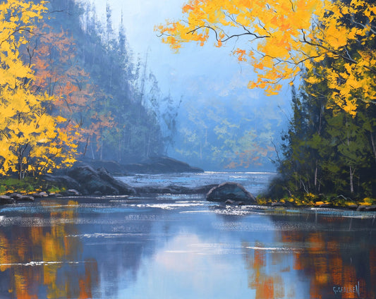 Autumn forest scene with warm tones and textured brushwork